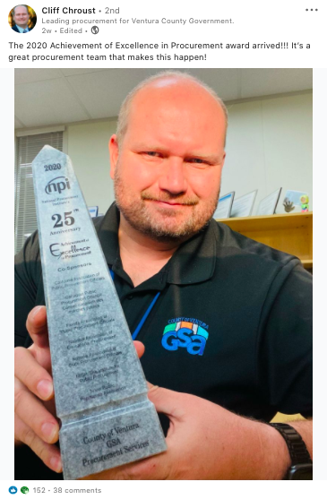 LinkedIn post about Ventura County's achievement of excellence in procurement award