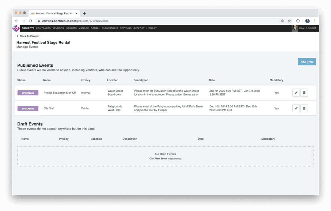 Screenshot of Bonfire Custom Event Management