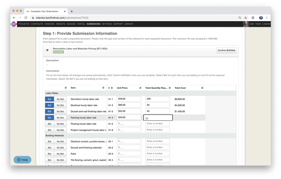 Screenshot of Bonfire Quick Online Bid Entry