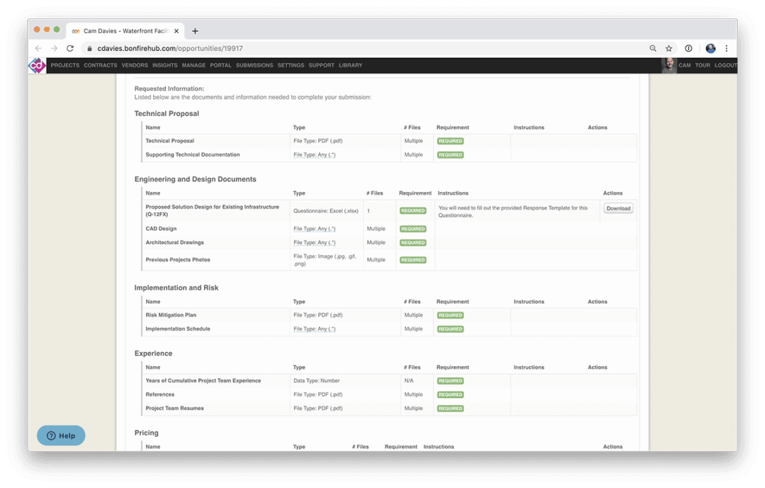 Screenshot of Bonfire Requested Information Management