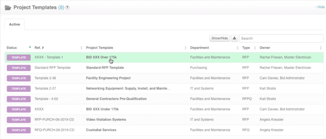 Examples of project templates in Bonfire